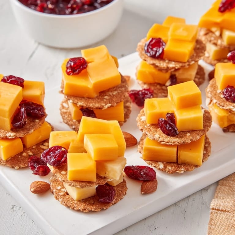Simple Work From Home Desk Treat arranged with crackers, cheese, and optional dried cranberries and almonds.