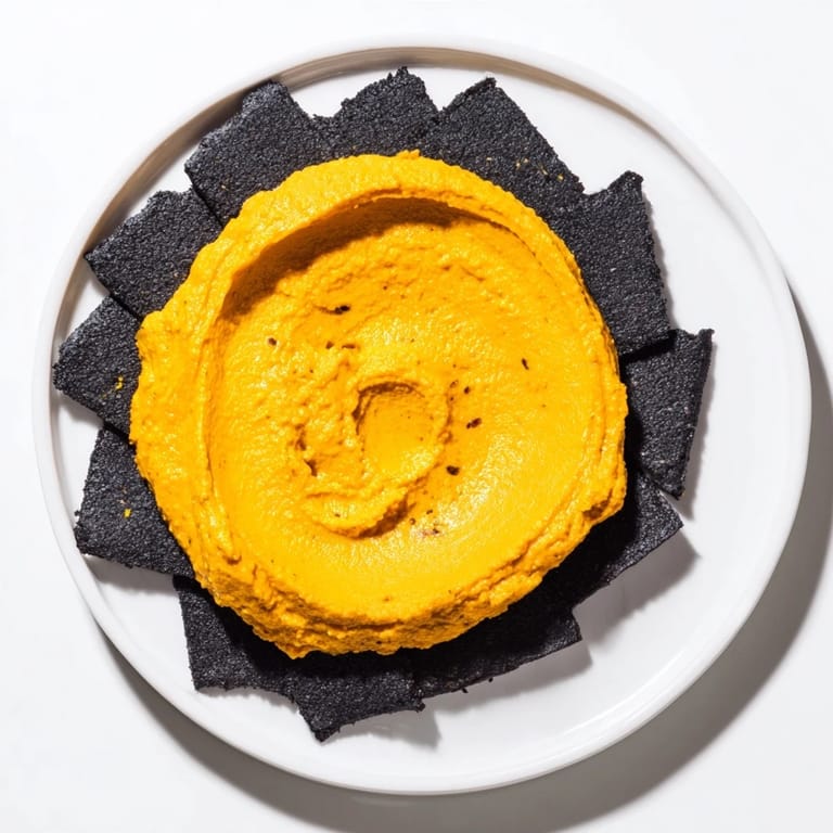 The Midnight Sun shows a vibrant, yellow-orange dip surrounded by crisp, black crackers, ready to enjoy.