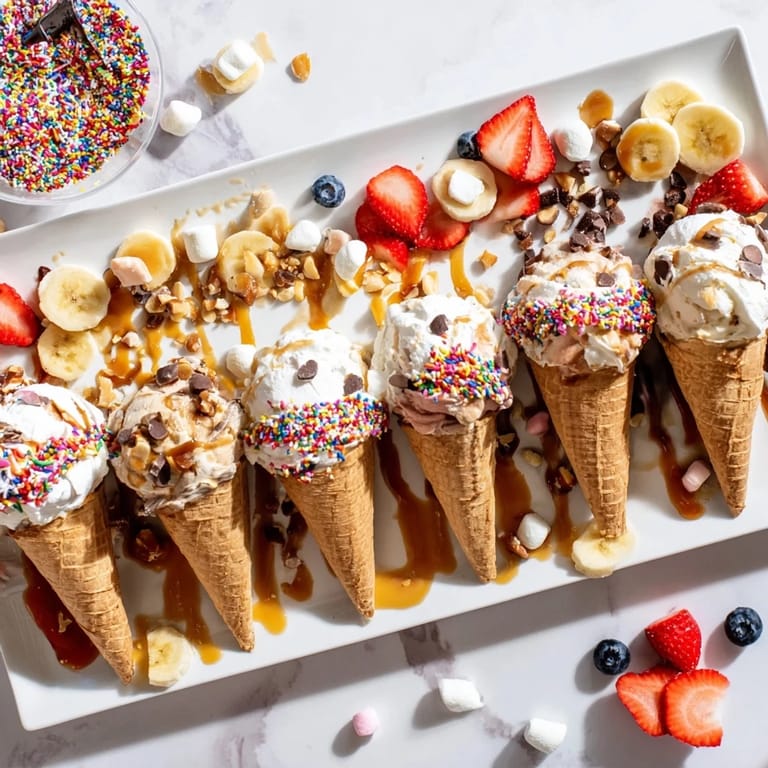 Vibrant Ice Cream Cone Grazing Board delights; imagine creamy ice cream and various toppings arranged invitingly.