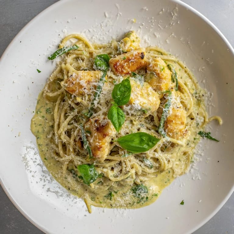 Golden chicken nestled in a pesto egg sauce atop the pesto egg and chicken pasta with basil.