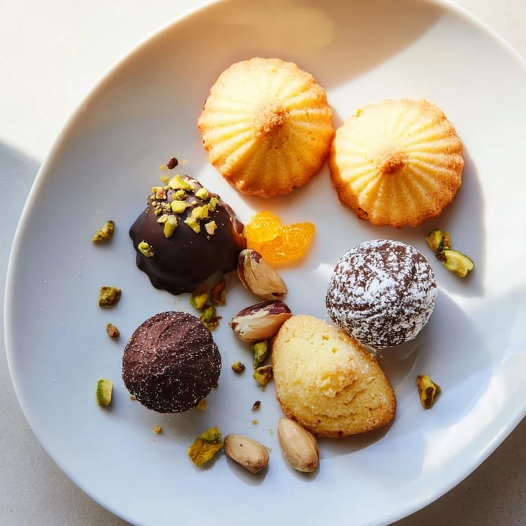 Golden-brown Financiers and dark chocolate truffles featured in this Mignardises Bonne Année 2026 recipe.