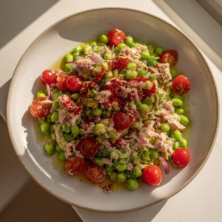 A refreshing spoonful of Dense Chickpea and Tuna Salad, bursting with fresh herbs and bright flavors.