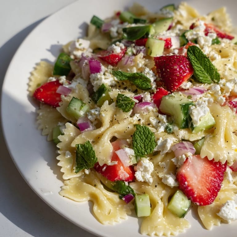 This chilled Strawberry Feta Pasta features fresh strawberries and a tangy yogurt dressing.