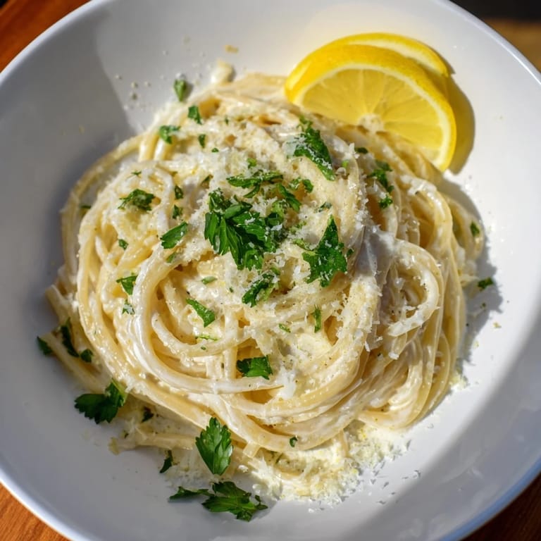 A vibrant bowl of Lemon-Garlic Greek Yogurt Pasta with a glistening, yogurt-based sauce, ready to serve.