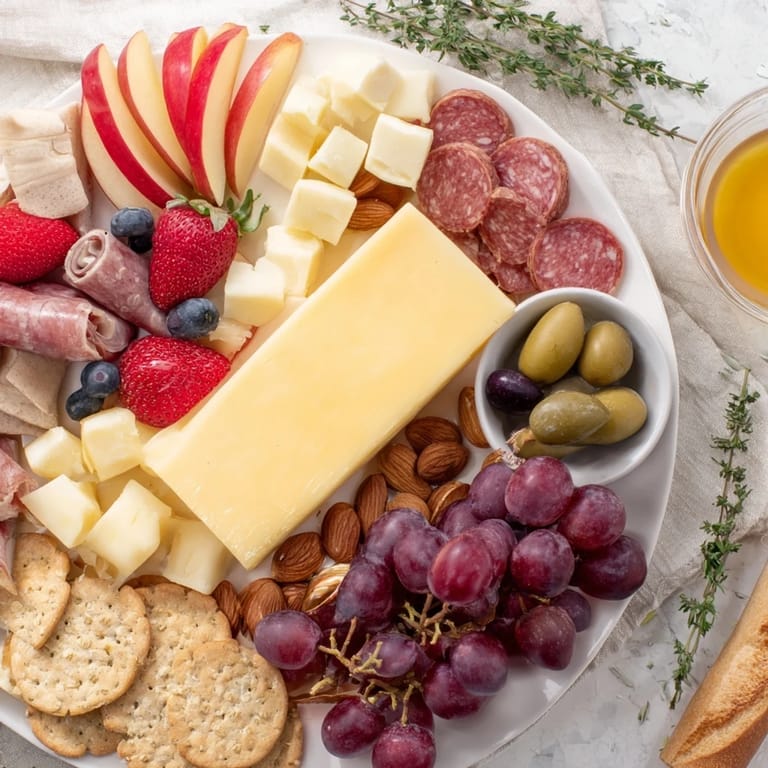 Delectable Quick Charcuterie Snack Board includes Brie, cheddar, and salami, ready for a relaxed evening and friends.