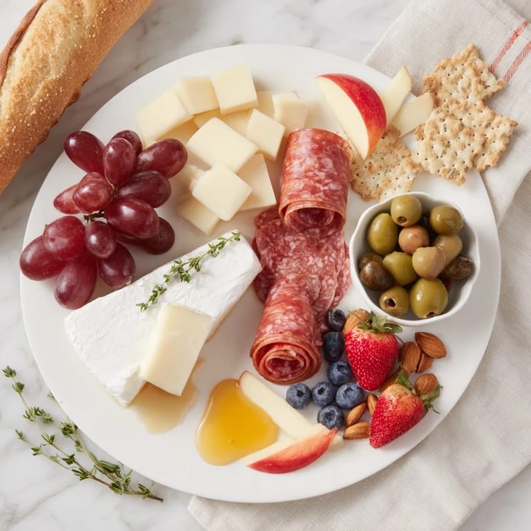 Arrangement of a Quick Charcuterie Snack Board features tempting cheeses, prosciutto, and sweet grapes ready to enjoy.