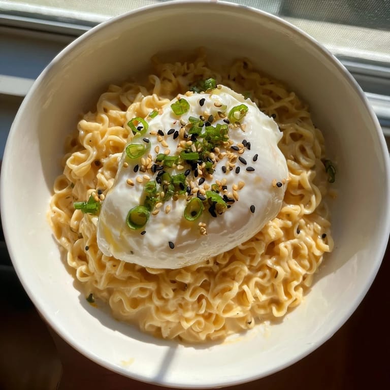Delicious and cheesy Instant Cheese Ramen Bowl, with visible egg and noodles, ready to be enjoyed.