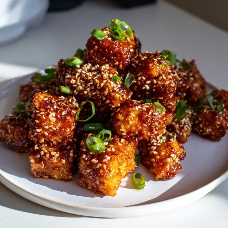 Image of flavorful Honey-Sriracha chicken bites, coated and fried with sesame seeds on top.