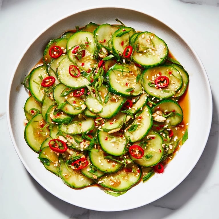 Fresh cilantro tops the flavorful Tangy Shaken Asian-Style Cucumber Salad, a refreshing vegan side dish.