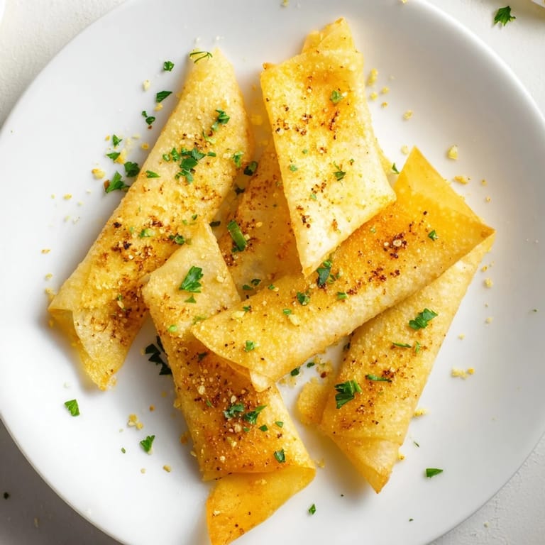 Freshly fried garlic lumpia chips, thin and crunchy, perfect for dipping in sweet chili sauce.