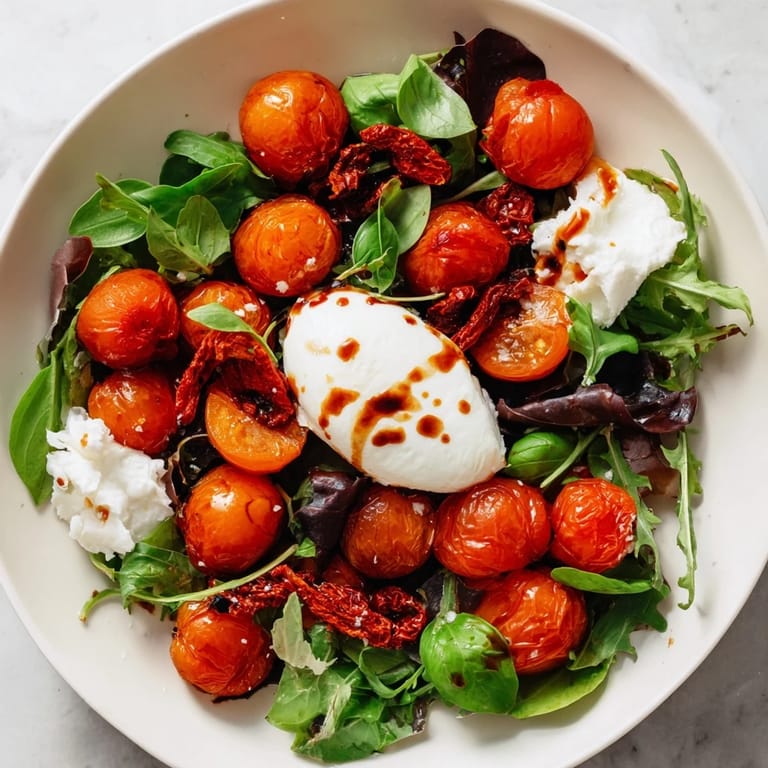 This Tomato Flight Salad presents a colorful medley of tomatoes, burrata, and balsamic glaze, ready to serve.