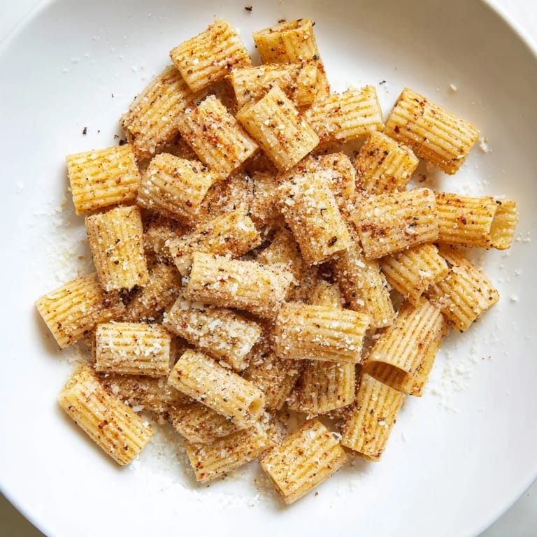 Air-fried pasta chips tossed with Parmesan, a flavorful and easy recipe from start to finish.