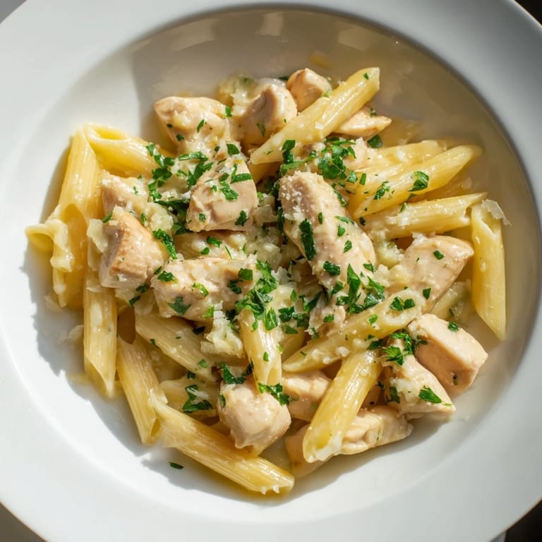 The flavorful Quick Garlic Parmesan Chicken Pasta, with melted cheese and fresh parsley for garnish.