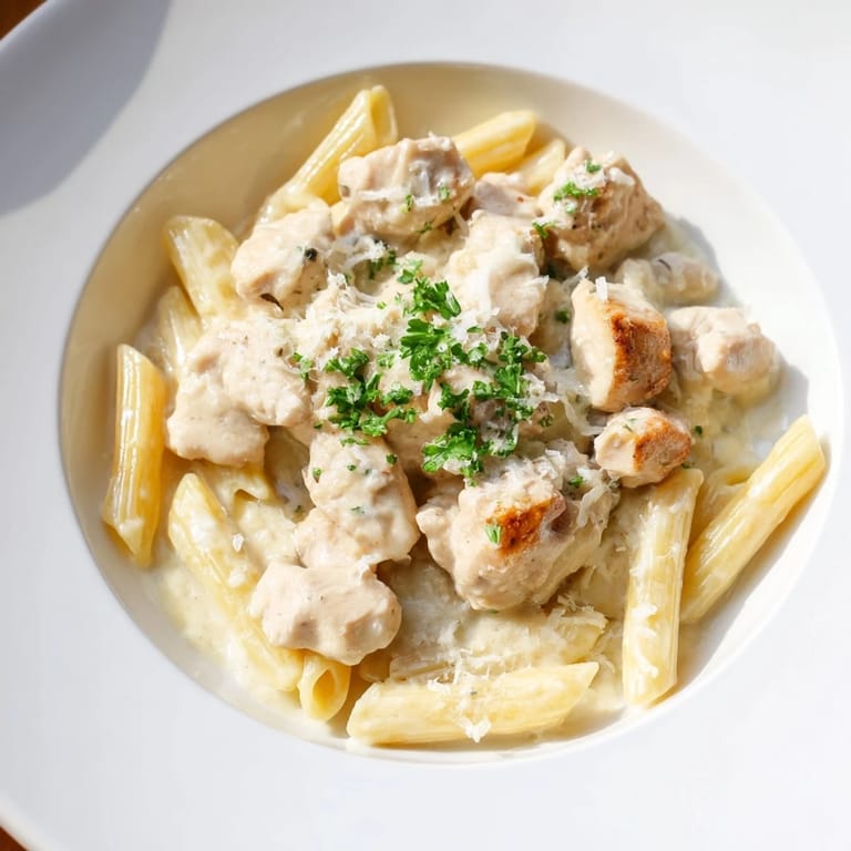 Golden-brown chicken and pasta swim in a creamy sauce: the delicious Quick Garlic Parmesan Chicken Pasta.