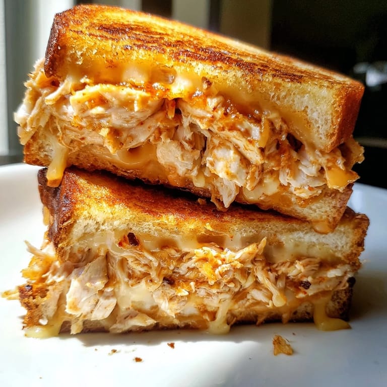 Buttery, toasted bread filled with savory Chili Crisp Honey Chicken Grilled Cheese; a comforting meal.