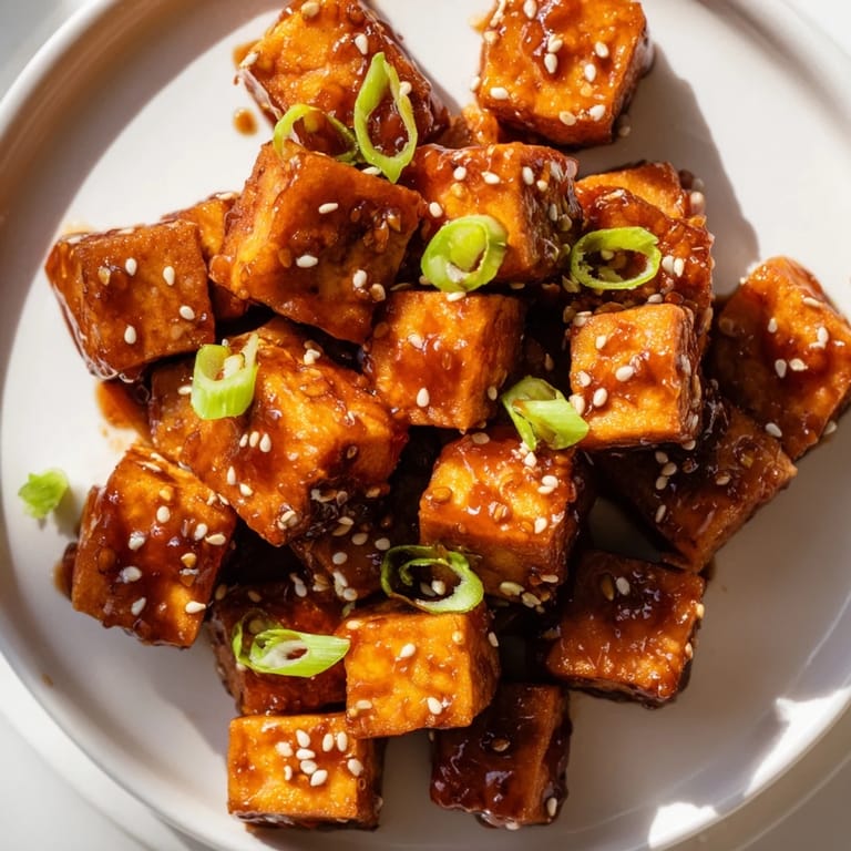 A close-up shot of steaming Honey Gochujang Tofu, ready to be served over fluffy rice.