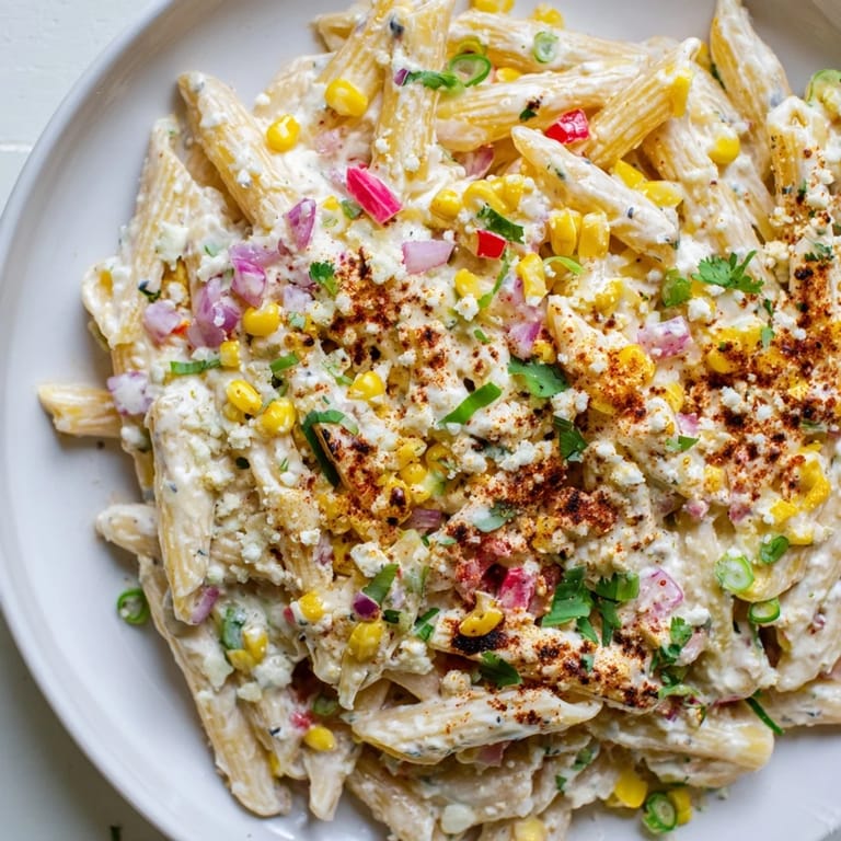 A colorful bowl of Mexican Street Corn Pasta is shown, featuring the charred corn and cotija cheese topping.