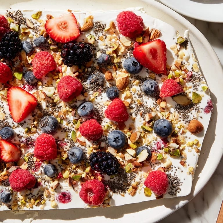 Vibrant pink frozen fruit yogurt bark, a refreshing and easy summer treat with berries.