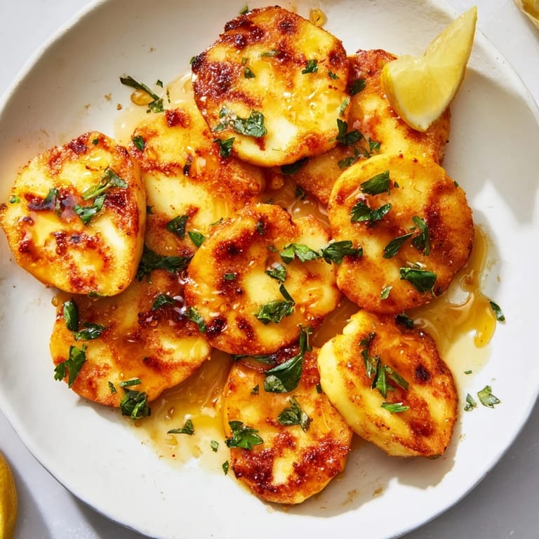 Close-up of fried Hot Honey Halloumi; the cheese is golden and delicious with a sweet and spicy kick.