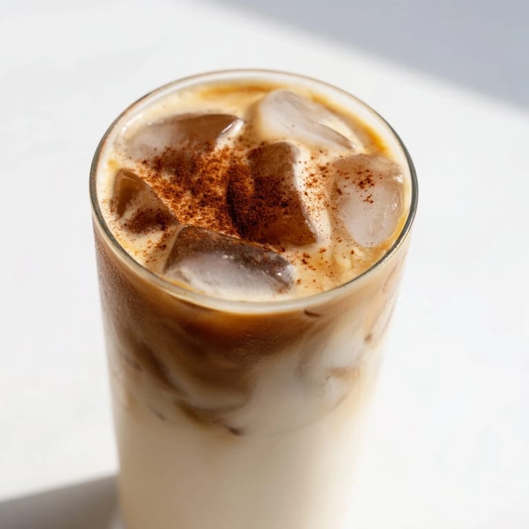 Tall glass of rich Proffee Power Blend, swirled and topped with cinnamon, offering a protein-packed treat.