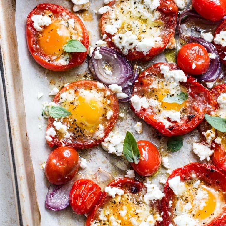 Enjoy a delicious plate of Tomato Feta Baked Eggs, their baked perfection showcased with runny yolks.