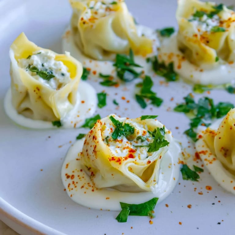 Close-up of golden, cooked Turkish cheesy manti, overflowing with a creamy cheese filling.