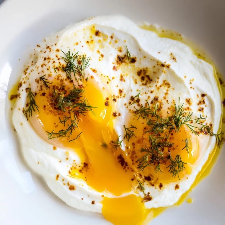 This photo shows a delicious Cilbir dish, with runny yolks and flavorful spiced butter.