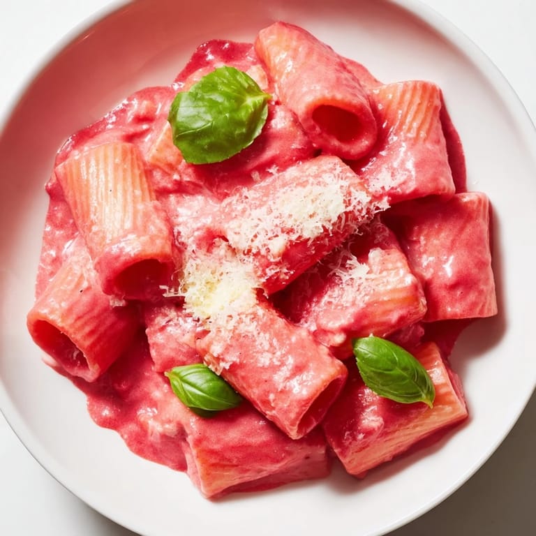 A vibrant close-up of Pink Pasta with Beet Cream, the silky sauce glistening with fresh basil and Parmesan.