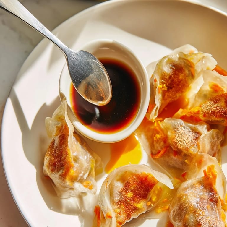 Close-up of freshly pan-fried rice paper dumplings with a luscious, savory filling, served with sauce.