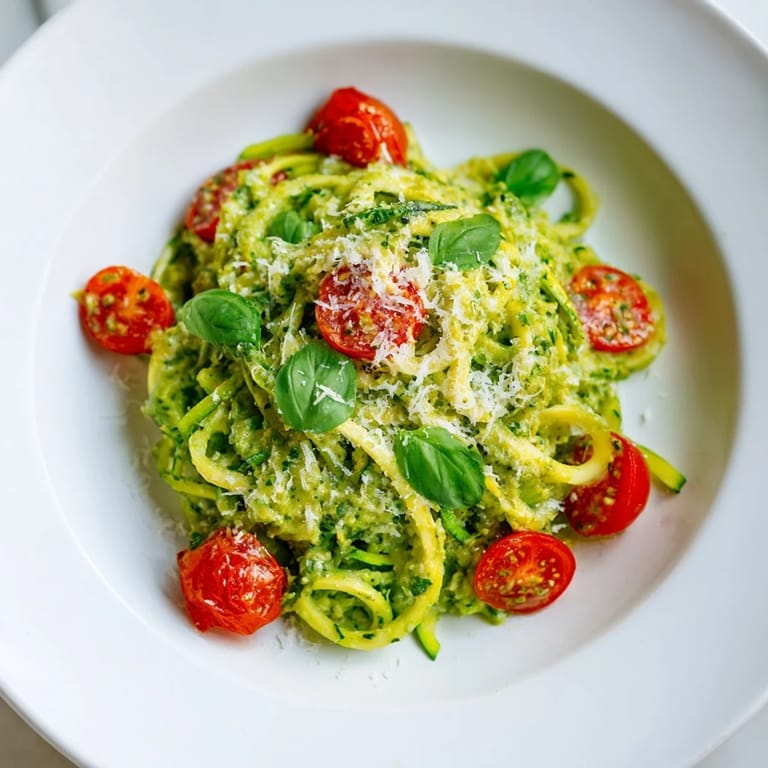Bright green avocado pesto coats the zoodles, a light and satisfying gluten-free meal.