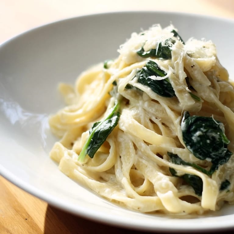 Serve Creamy Garlic Spinach Pasta hot, garnished with Parmesan and herbs, for an easy weeknight vegetarian dinner.