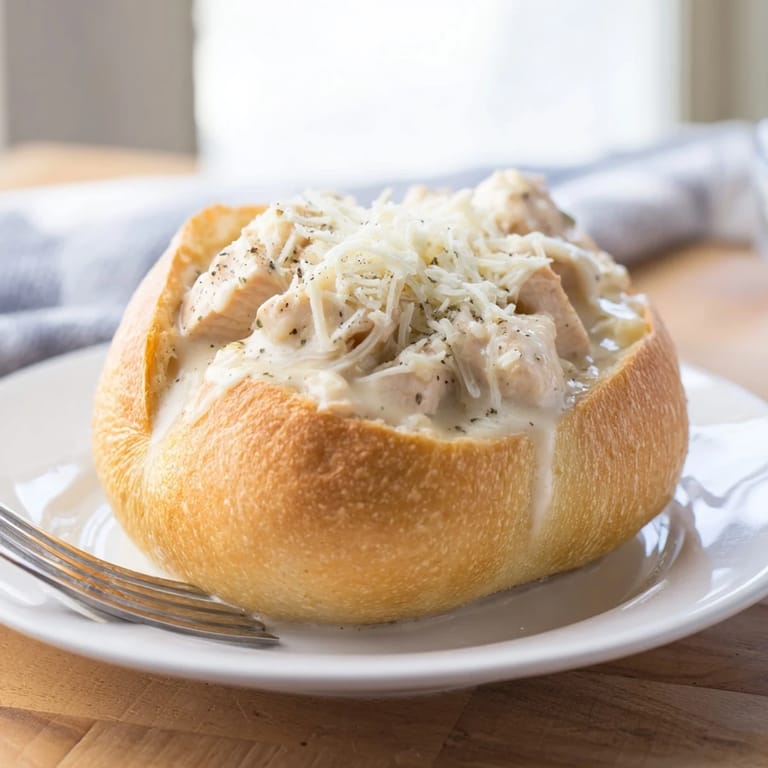 Freshly baked crusty bread holds a generous serving of rich chicken Alfredo, with steam rising and Parmesan melting on top.  