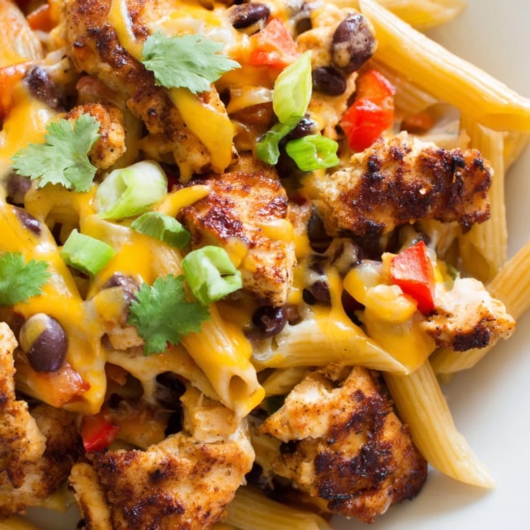 Savory one-pan Crispy Chicken Burrito Pasta served hot, garnished with green onions and a dollop of sour cream.