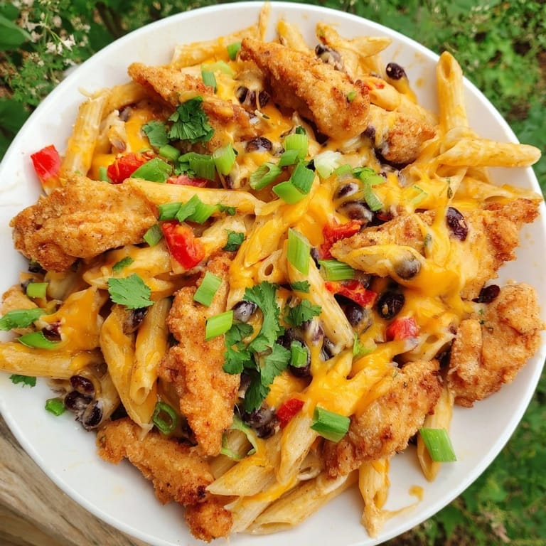 A hearty skillet of Crispy Chicken Burrito Pasta topped with melted cheese, lime, and fresh cilantro.