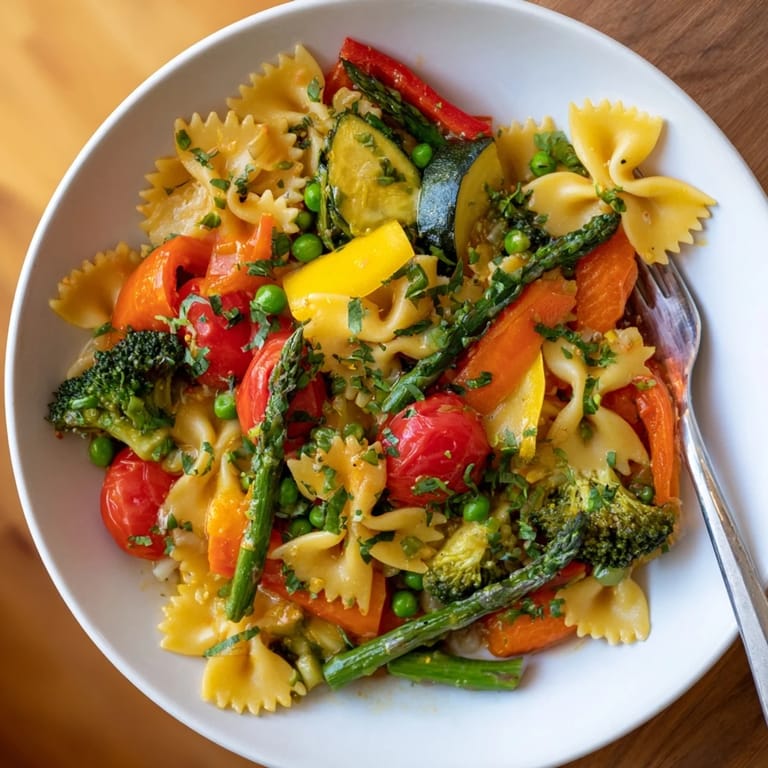 Vibrant Rainbow Veggie Pasta Primavera with bow-tie pasta and mixed vegetables is plated, garnished with Parmesan and ready to serve.