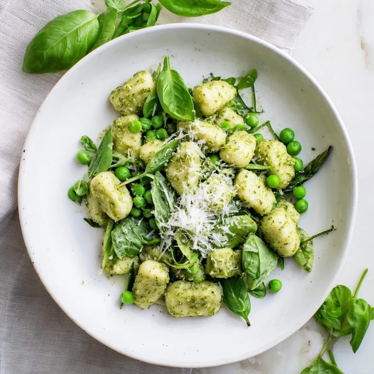 Vibrant Pesto Pea Gnocchi Skillet topped with fresh basil and Parmesan, served warm.