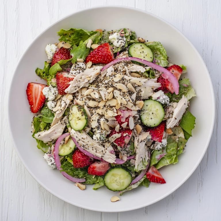 A light lunch of Strawberry Poppy Seed Chicken Salad with poached chicken, sweet berries, and creamy poppy seed dressing ready for a sunny patio meal.