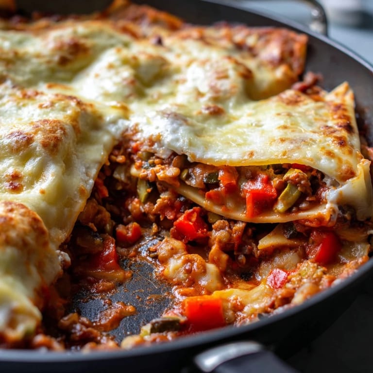 A close-up slice of One-Pan Smoky Veggie Lentil Lasagne reveals layers of lentils, mushrooms, and creamy béchamel.