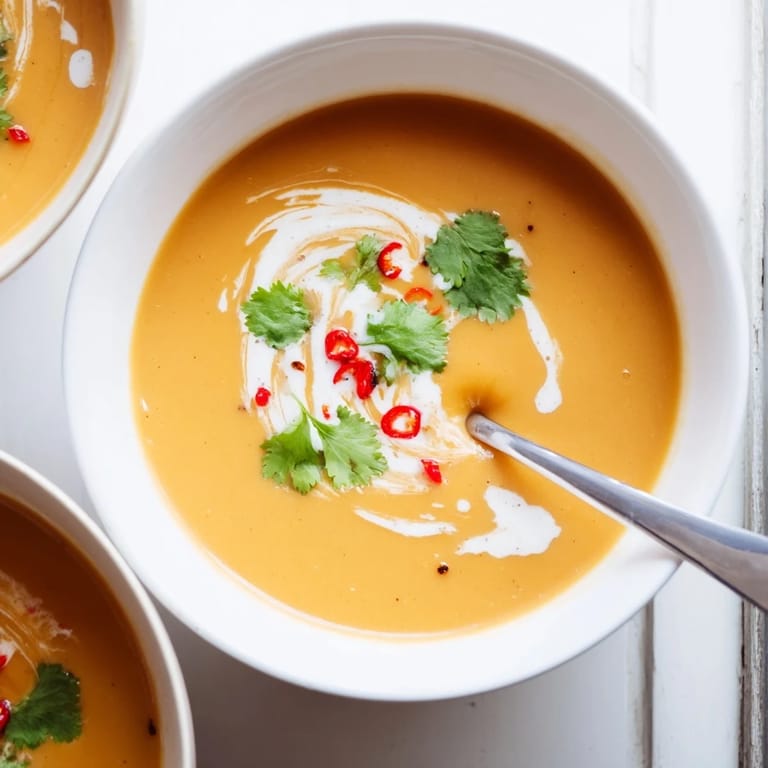 A spoon dips into golden Carrot, Celeriac, and Chilli Soup, highlighting its smooth, velvety texture.