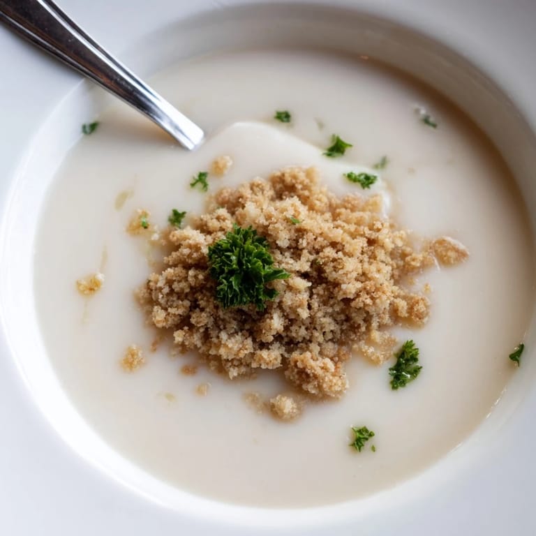 A vibrant, golden bowl of velvety celeriac soup garnished with a generous sprinkle of buttery hazelnut crumble.  