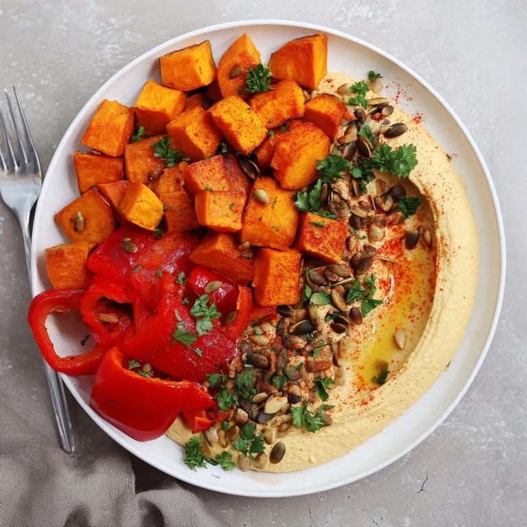 The Roast Squash and Hummus Winter Salad features golden roasted squash and sweet potatoes over creamy hummus, topped with seeds.