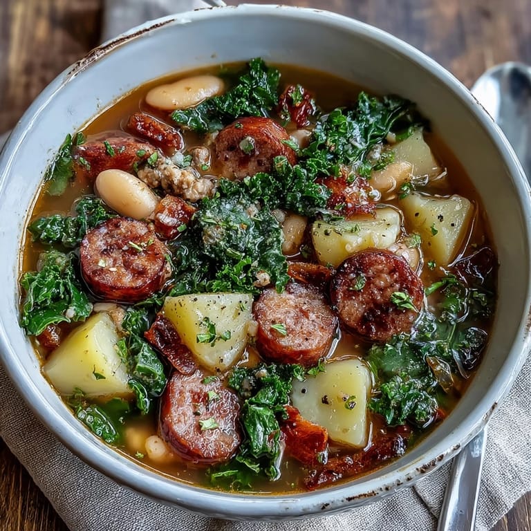 A close-up shows the rich broth filled with browned sausage, creamy beans, and wilted kale.