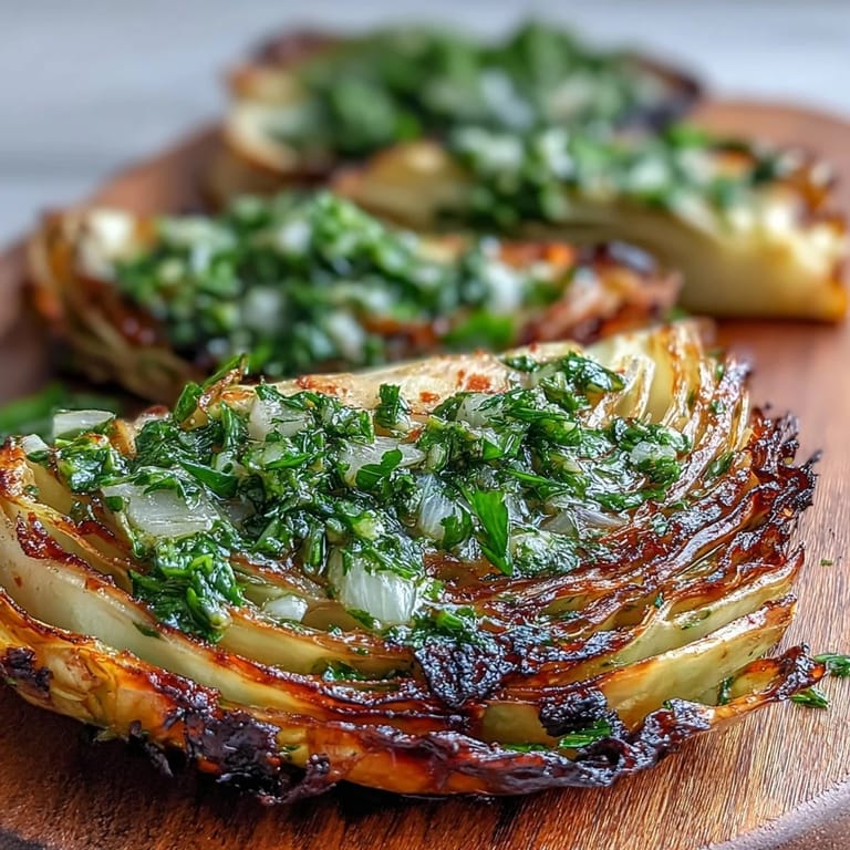 Vibrant green Cabbage Steaks With Jalapeño Chimichurri plated on a white ceramic dish.