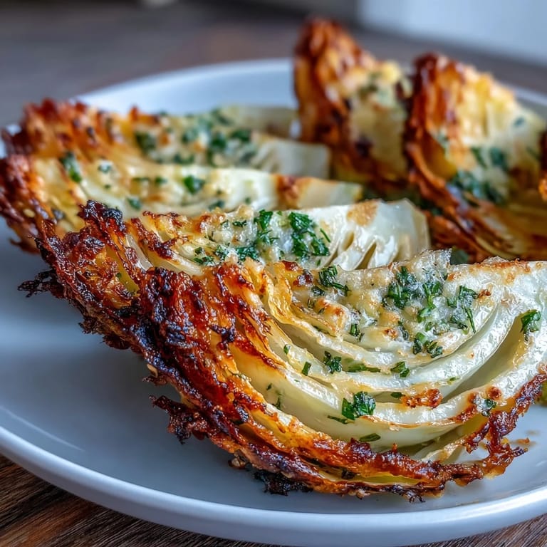 Savory Roasted Garlic Parmesan Cabbage Wedges with garlic oil and golden cheese, ready to eat while hot.