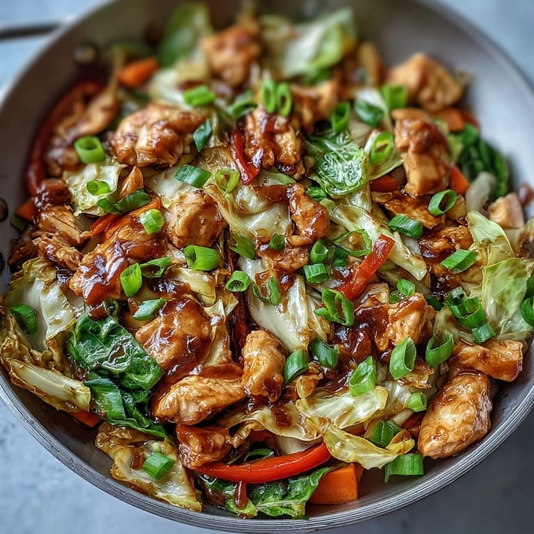Close-up of tender chicken and shredded cabbage coated in savory sauce, topped with fresh green onion slices.