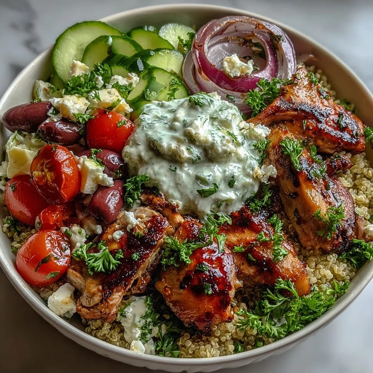 A vibrant Greek Chicken Power Bowl topped with Kalamata olives and fresh parsley, served as a wholesome high-protein meal.