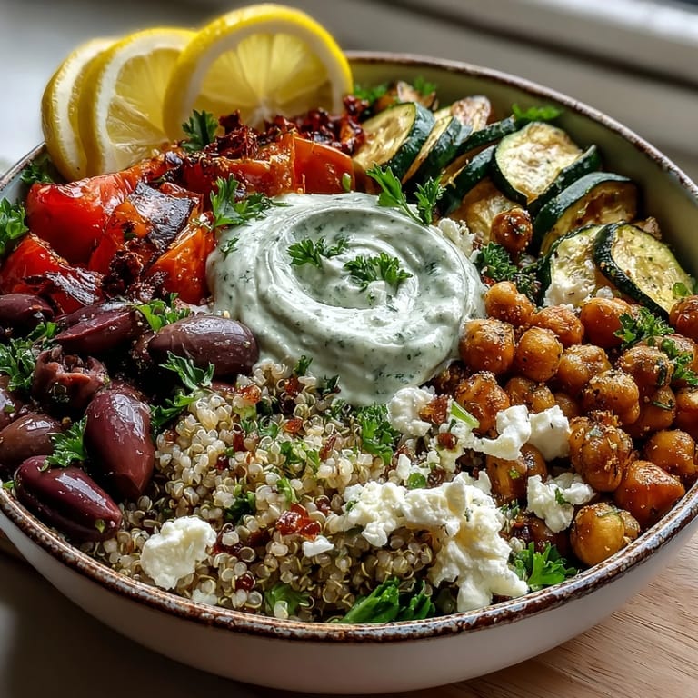 Savory roasted zucchini and peppers complement chickpeas and crumbled feta in this colorful, easy-to-make Mediterranean Buddha Bowl main dish.