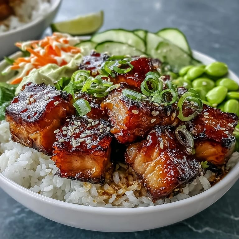 Serving suggestion for this Asian-inspired Baked Salmon Rice Bowl, featuring bright vegetables, edamame, and a squeeze of fresh lime on the side.
