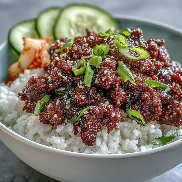 Juicy gochujang-seasoned ground beef fills a Korean Beef Bowl, garnished with green onions and sesame seeds over fluffy rice.