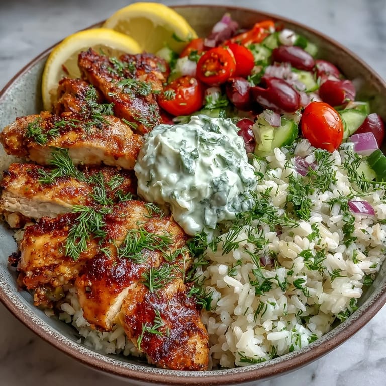 Vibrant Greek Chicken Bowl featuring golden chicken, cool tzatziki sauce, and a refreshing Mediterranean salad with tomatoes, cucumbers, and olives.